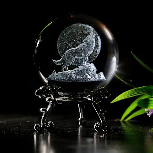 Miniatura 9 de vskikris Bola de cristal 3D con figuras de cabeza de lobo bolas de vidrio con soporte 3D Esfera de cristal pisapapeles regalos