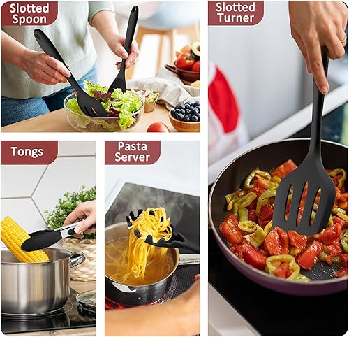 Miniatura 4 de Leonyo Juego de 10 utensilios de cocina de silicona, juego de utensilios de cocina negros para cocinar, herramientas de cocina de silicona