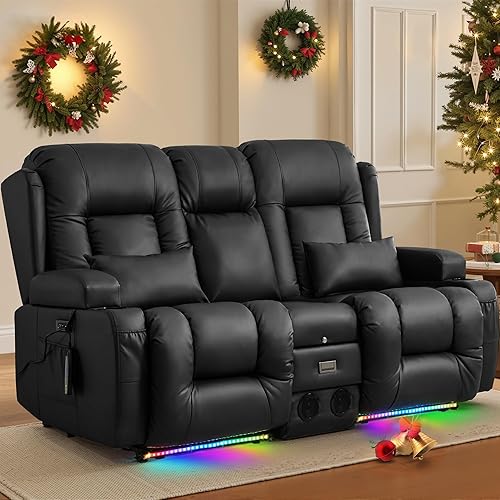 TUNYI Power Loveseat Recliner Sofa with Massage & Heat Home Theater Seating with Console RV Recliner Loveseat Sofa with USB/Outlet/Storage/Side Pocket/LED Light/Speaker (Black, Loveseat)