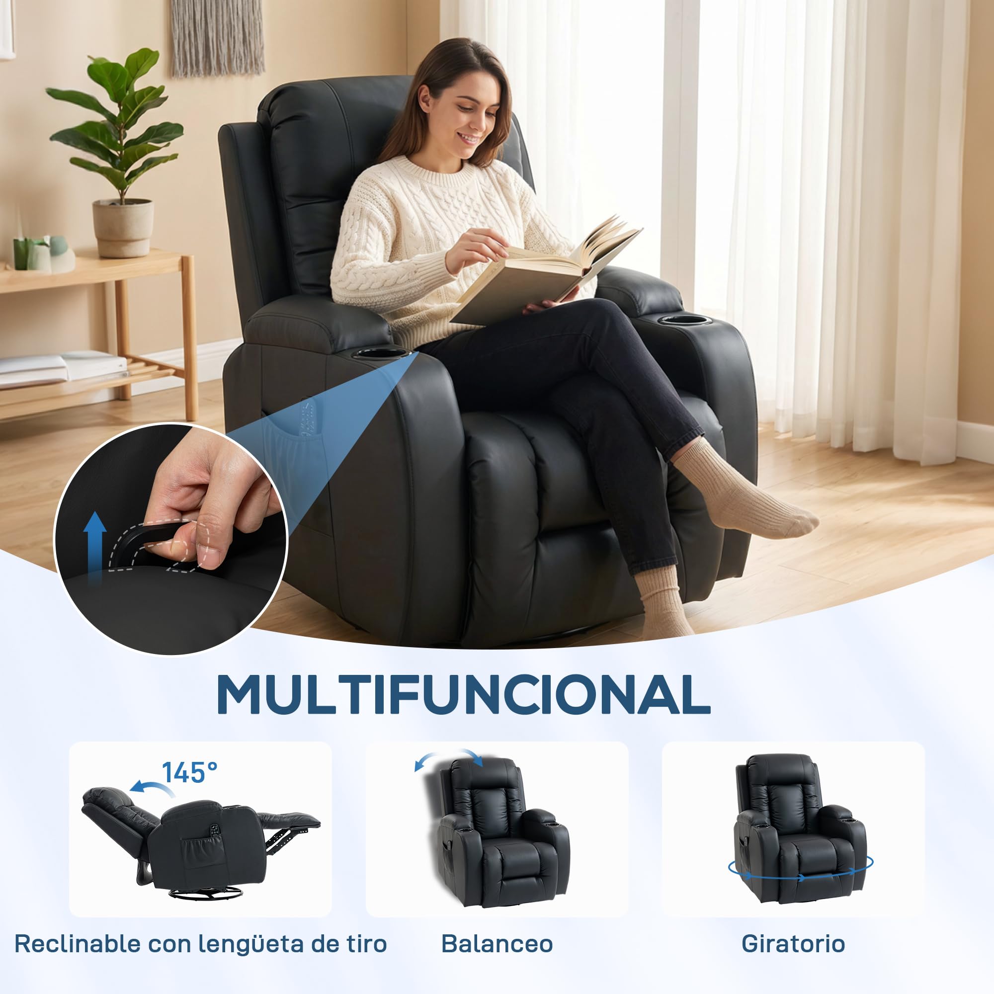 HOMCOM Sillón de Masaje Giratorio con 8 Puntos de Masaje Vibrante Sillón Relax Reclinable con Función de Calefacción Lumbar Mando a Distancia Butaca Reclinable para Salón 85x94x104 cm Negro
