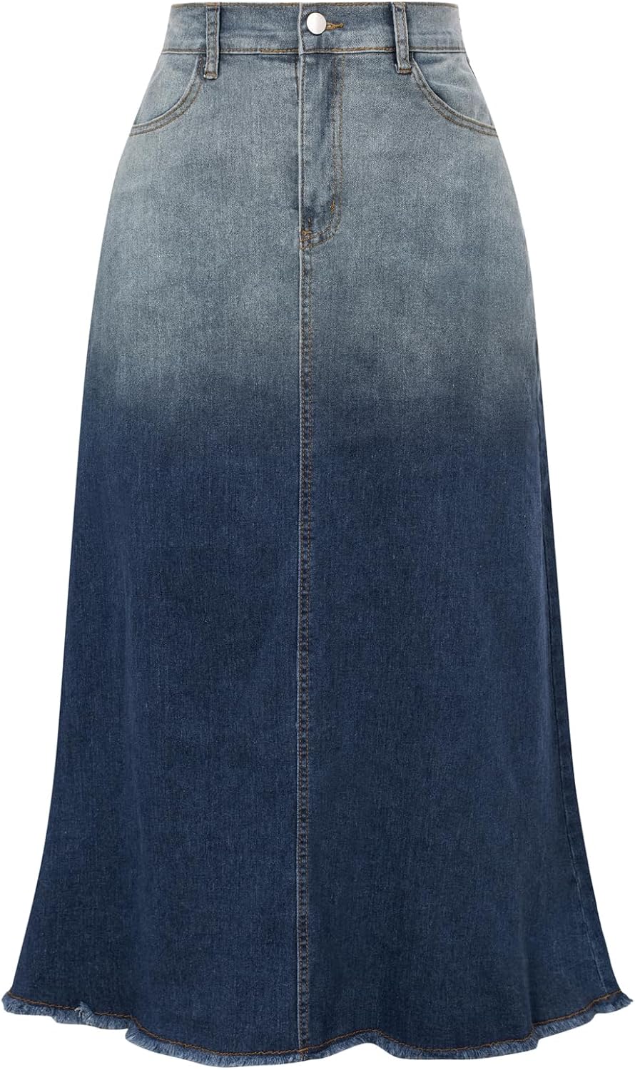 Belle Poque Vintage Denim Skirts for Women Elastic High Waist Frayed Raw Hem A-Line Maxi Long Jean Skirts with Pockets