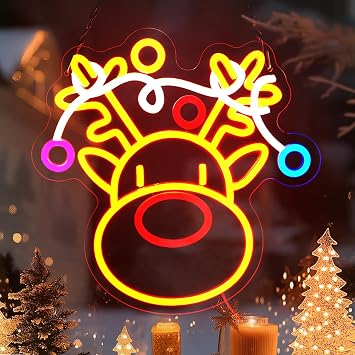 FITNATE Christmas Reindeer Neon Sign, LED Wall Decor Dimmable Elk Neon Light, Light Up Sign for Home Window Party Christmas Decoration | Christmas motif theme, USB power, durable PVC, easy mounting & setup, for home store bar wall window, ideal holiday present