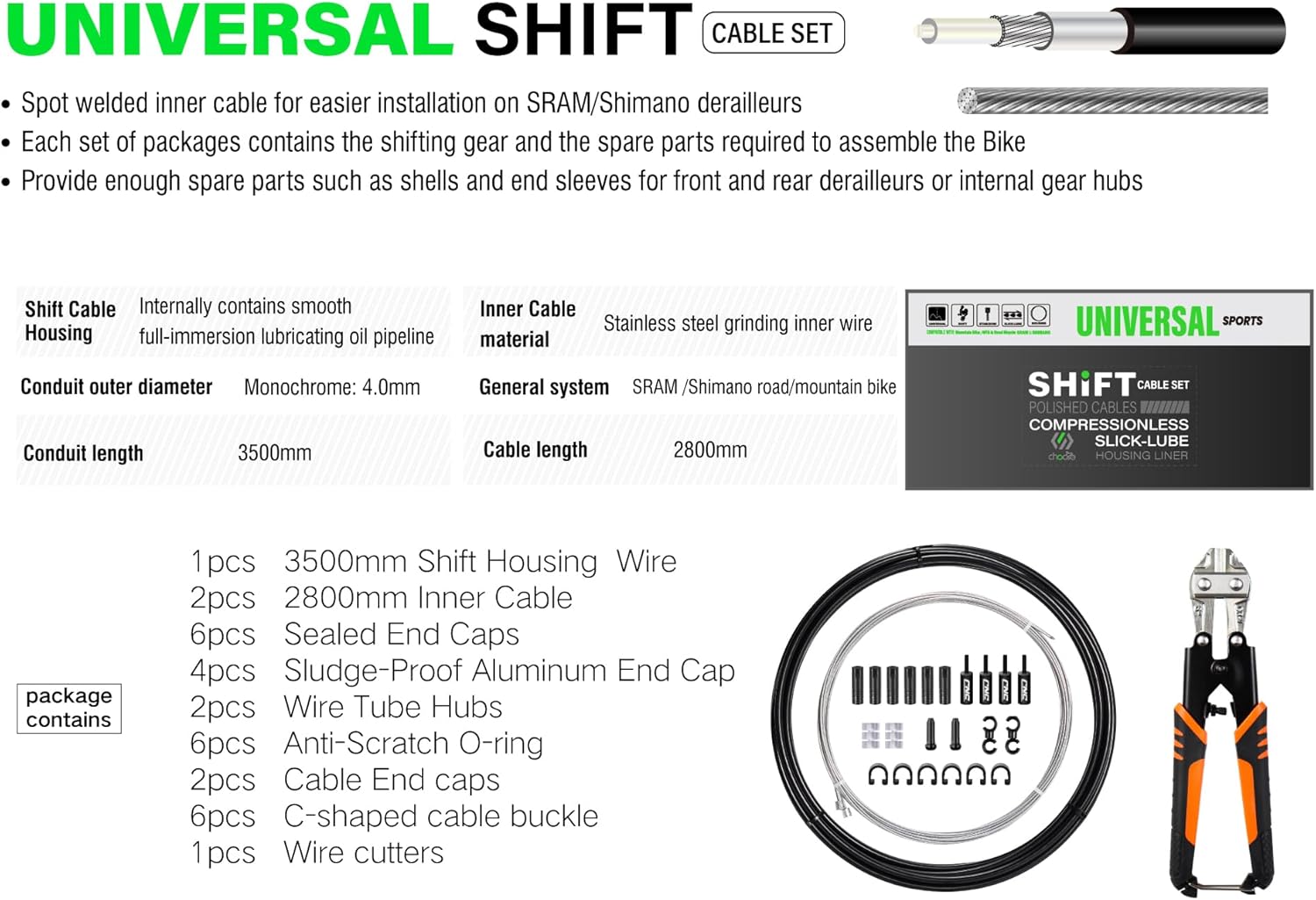 Chooee Mountain/Road Bike Shift Cable Kit,Universal Bike Gear Cable Set with Stainless Steel Cable Cutter-Bicycle Shifter Cable 2.8m with 3.5m Oil Housing Kit for MTB/Road/BMX Bike.