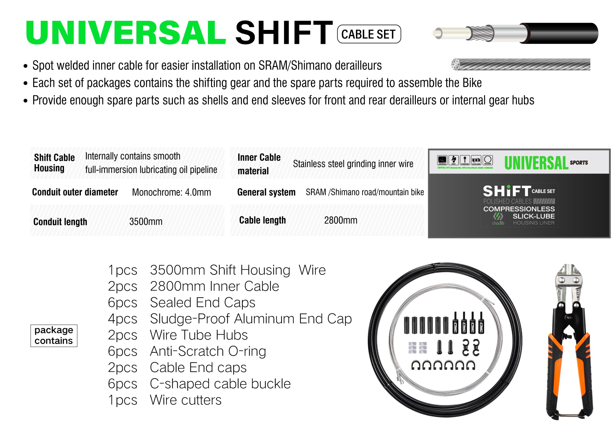 Chooee Fahrrad Schaltkabel für Shimano/Sram,Fahrrad Schaltzug mit Kabelschere Set-Universal Fahrrad Schaltseil 2.8m Mit Öl Schlauch 3.5m Schaltzugset für Rennrad, MTB, Citybike und andere.