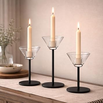 Smytle Clear Glass Taper Candle Holders Set of 3, Transparent Votive Tea Light Candle Holders with Weighted Black Metal Base, Glass Candle Sticks Holder Home Decor for Dining Table, Wedding