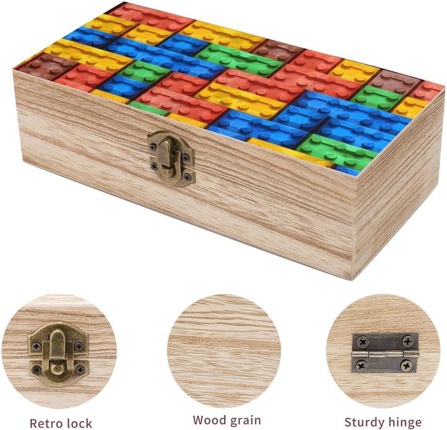 Vintage Wooden Storage Box with Hinged Lid, Colorful Brick image 3