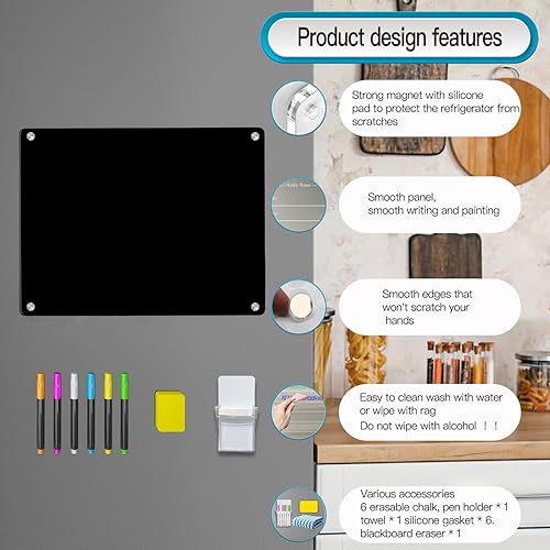 Miniatura 3 de Pizarra magnética de borrado en seco de acrílico negro de 9 x 13 pulgadas para refrigerador, pizarra magnética de borrado en seco para refrigerador,