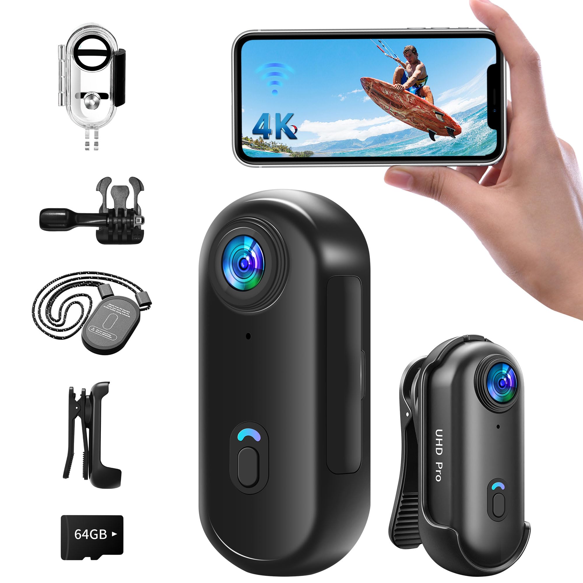 OBEST Action Cam 4K 360 actiecamera, mini-bodycam, lichaamscamera, motorfiets, helmcamera, magnetische zuiging, vlog, POV-camera, wifi, onderwatercamera, 30 m, waterdicht, 120 graden groothoek, fiets