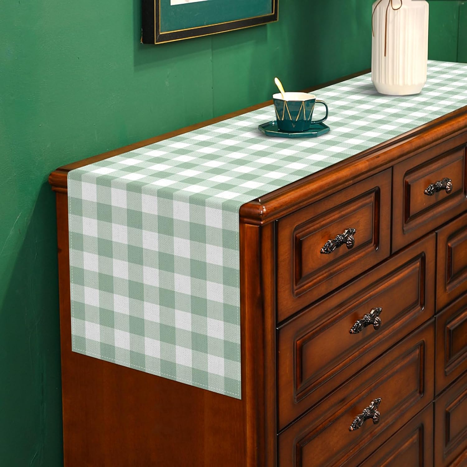 Sage Green Gingham Party Table Runner Green and White Checkered Plaid Decorations for Birthday Bridal Baby Shower Home Dining Kitchen Island Decor (13" x 72")
