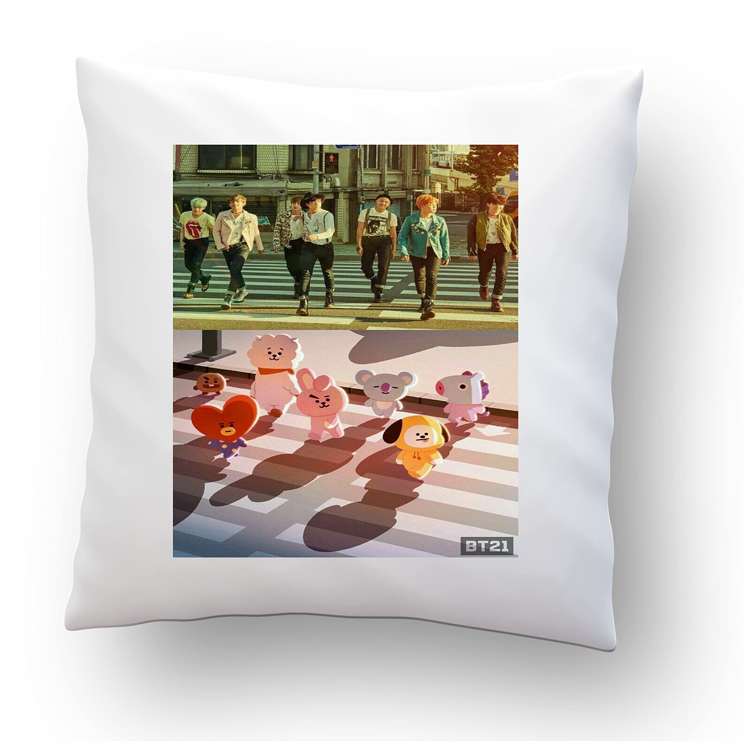 CRAFT MANIACS BTS Boys Walking with BT21 16*16 INCHES Pillow with Filler | Officially Licensed BTS Merch