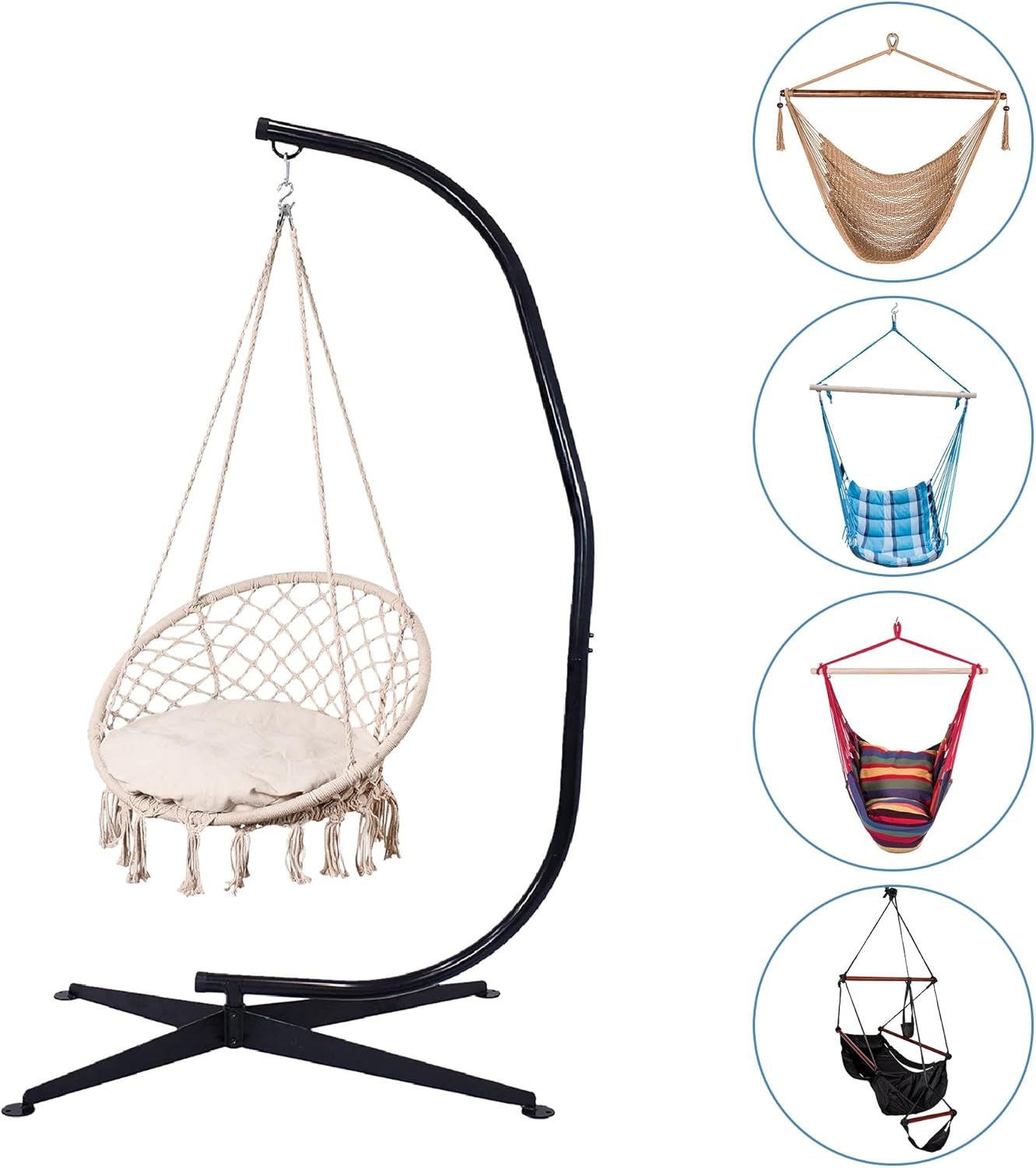 Outdoor Hammock Chair Stand, C Stand Hanging Chair Stand Only Heavy Duty Steel 360 Degree Rotation, Adjustable Height, for Air Porch, Patio, Deck, Yard, 300lb Capacity-Stand Only, Black