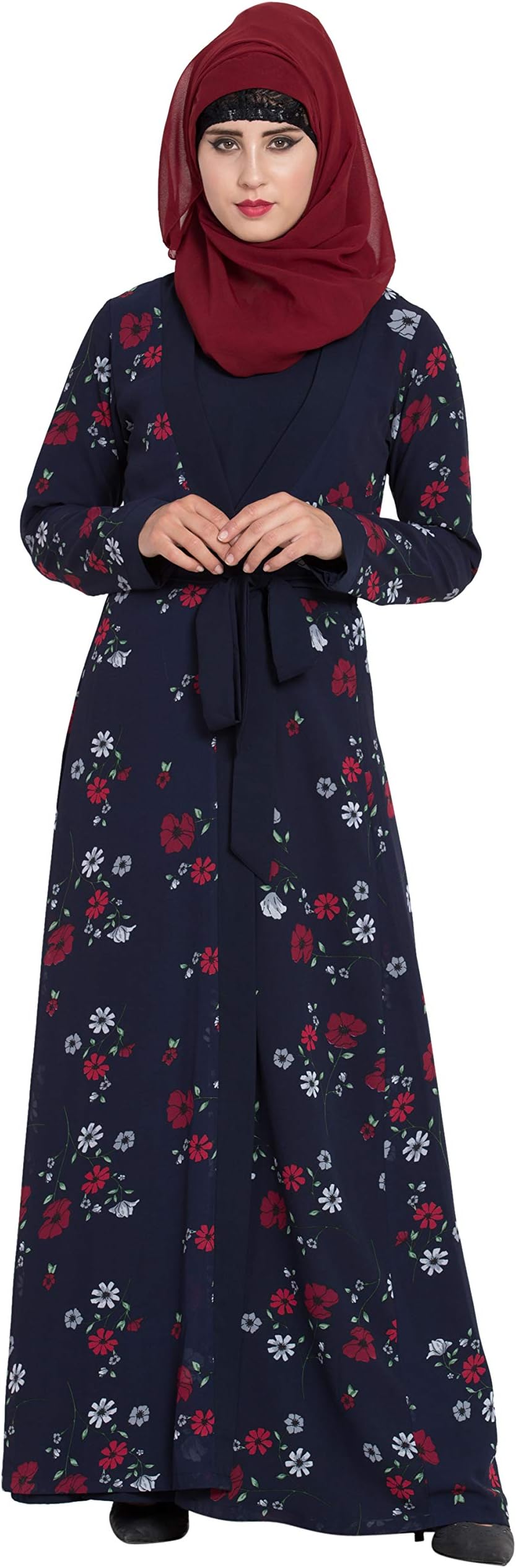 Latest Abaya Design with Attached Shrug & Belt Navy Blue SHAB-031