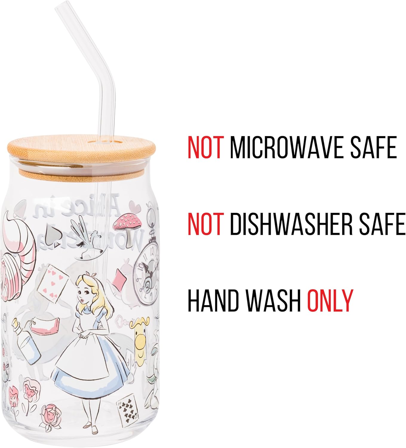 Silver Buffalo Disney Alice in Wonderland Glass Jar Tumbler with Bamboo Lid and Glass Straw, 16 Ounces - Image 3