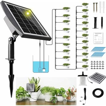 Solar Garden Irrigation System with 12 Timer Modes and Protection Against Water Lack 20 m Hose and 20 Pieces Drip Head for Garden Balcony Plants Outdoor Pot Plants