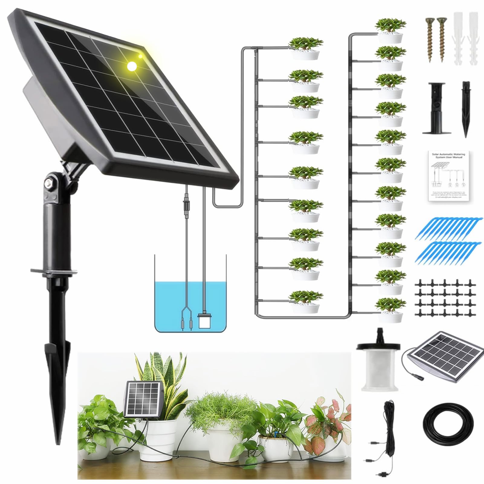 Solar Bewässerungssystem Garten Mit 12Timer-Modi Und Schutz Vor Wassermangel 20M Schlauch Und 20 StückTropfkopf Für Garten, Balkon Pflanzen, Kübelpflanzen Im Freien