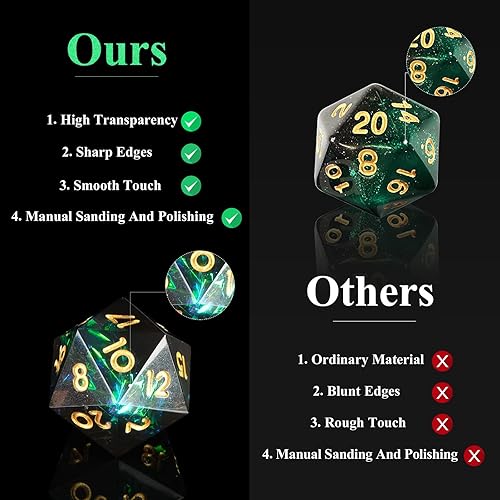 Vista 5 de DND - Juego de dados hechos a mano, 7 accesorios, dados de borde afilado para juegos TTRPG de Calabozos y Dragones, RPG multicara de resina Negro