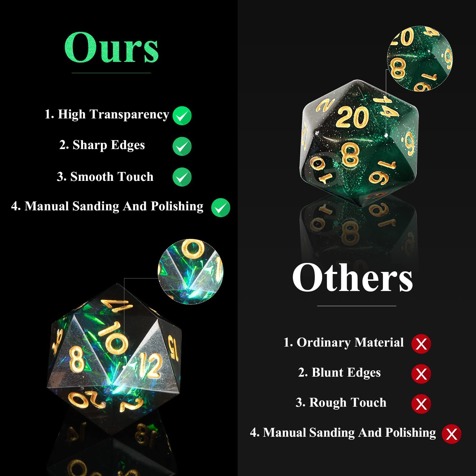 DND Set di dadi fatti a mano, 7 accessori, dadi affilati per giochi TTRPG di Dungeons and Dragons, multifacciale, in resina poliedrica, con bordo affilato, giochi di ruolo, Shadowrun Pathfinder MTG