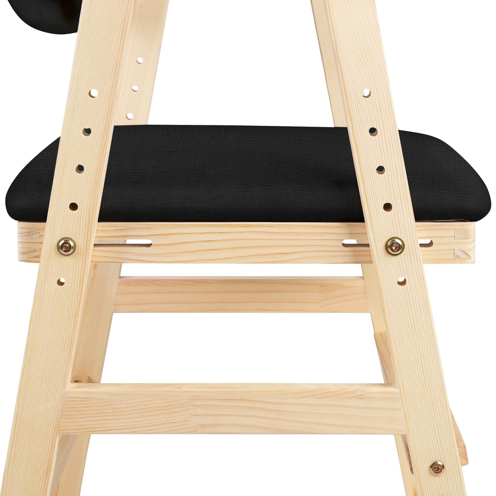 Chaise Haute Bébé en Bois, 6 Hauteurs Réglables Stable Chaise Supporte 90KG pour Enfants et Adultes, Chaise Haute Evolutive avec Coussin d'Assise, Assise et Repose-pieds Réglables (Noir)