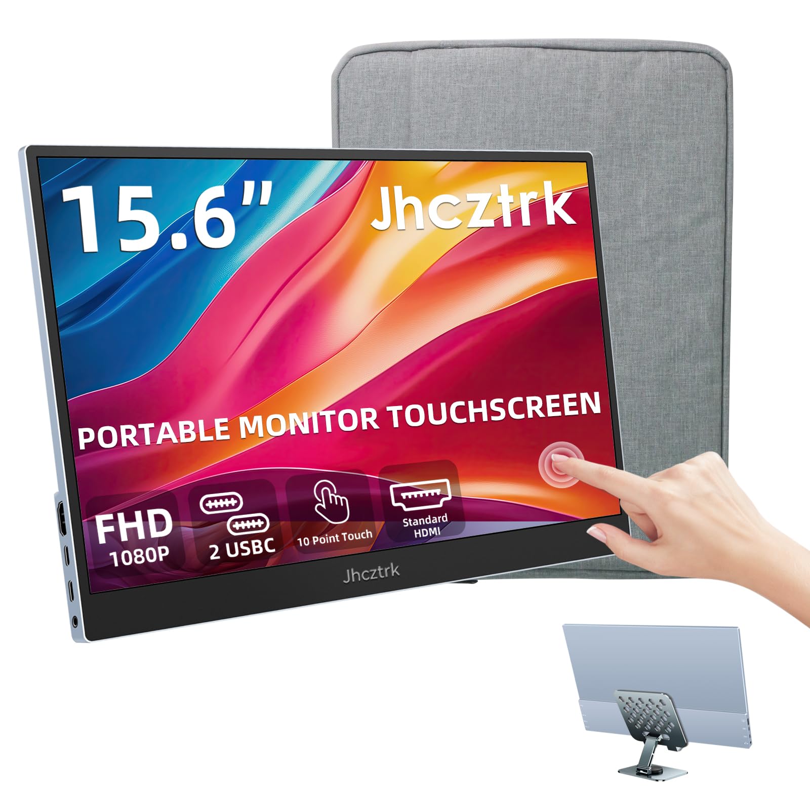 Jhcztrk Monitor portátil con pantalla táctil de 15.6 pulgadas, Full HD 1080P, bisel de metal ultrafino, 100% sRGB, monitor externo USB C con altavoces duales para laptop, PC, móvil, Mac, Xbox, PS4/PS5