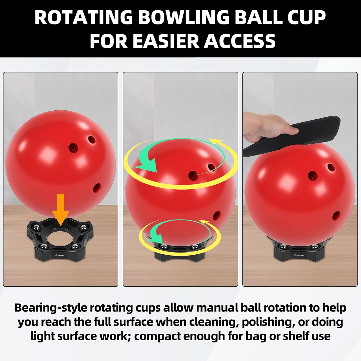TonGass Bowling Seesaw Towel 3-Pack with Rotating Bowling Ball Cup 3-Pack, Microfiber Bowlings Ball Polisher Towels and Bowlings Bearing Spinner Cup Stands for Cleaning, Polishing & Storage - Black