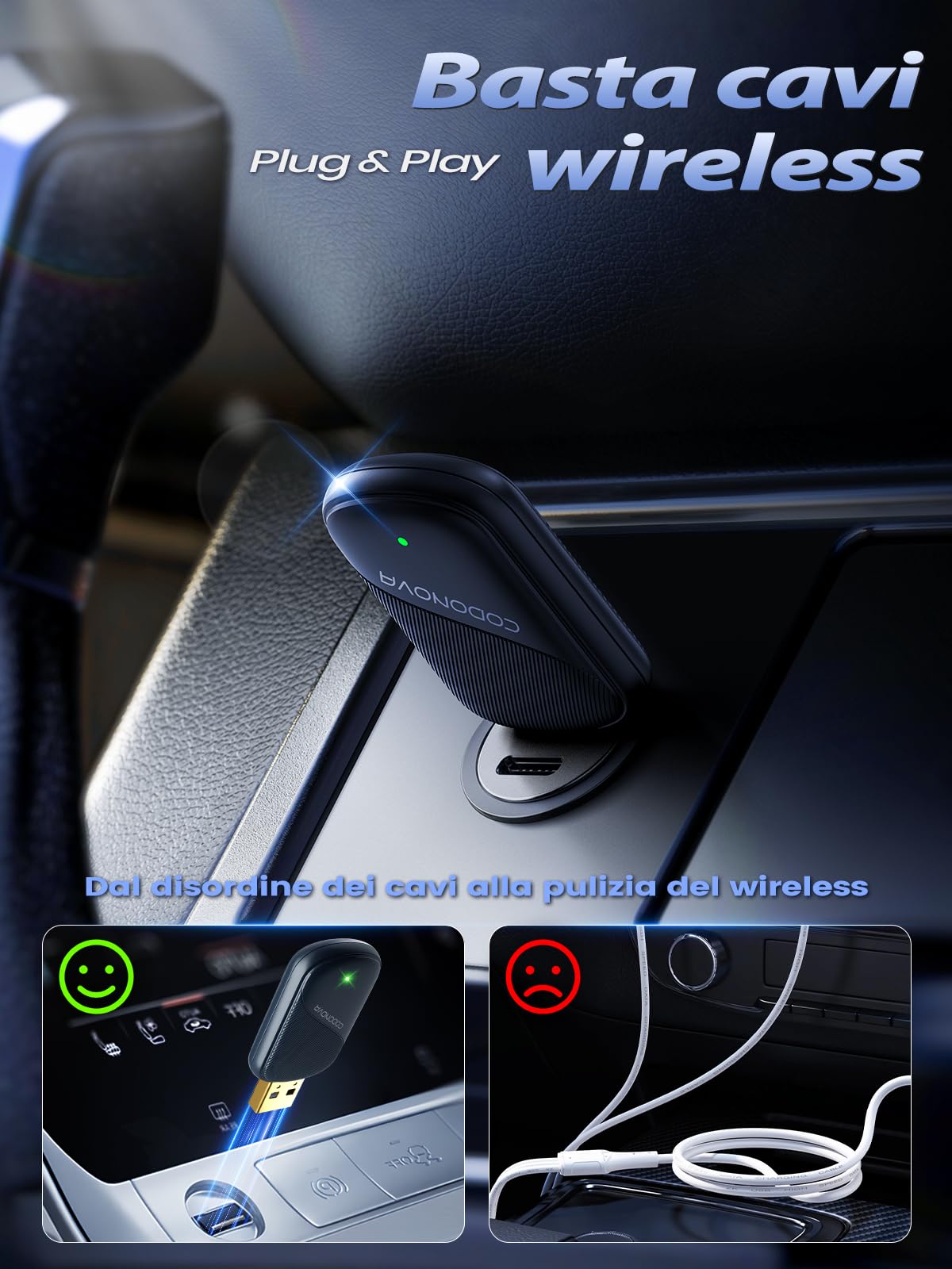 Mini Adattatore CarPlay Wireless per Apple CarPlay e Android Auto, Convertitore CarPlay Cablato, USB A/C in Metallo, per iPhone iOS 10+ e Android 10+, per Viaggi Lunghi e Uso Quotidiano, Blu