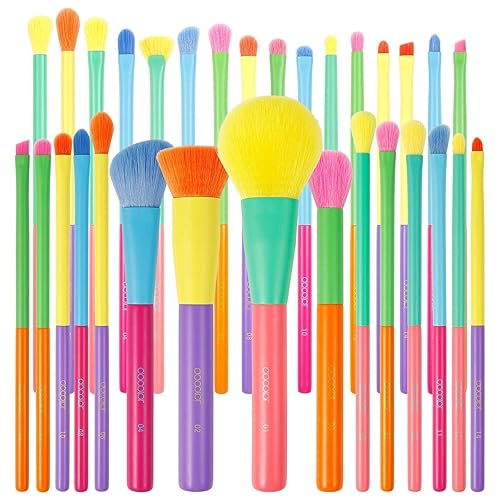 Docolor Juego de brochas de maquillaje coloridas de 15 piezas + 16 brochas de sombra de ojos coloridas, juego de brochas de maquillaje sintéticas