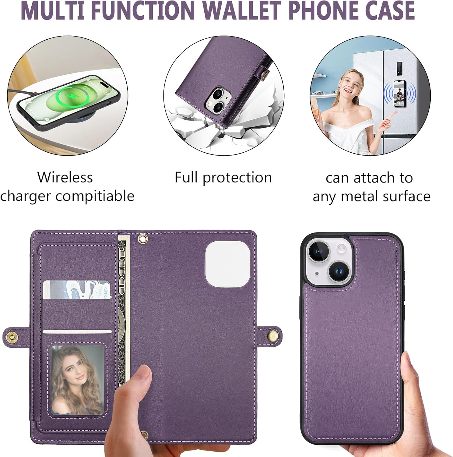 Wallet Case for iPhone 15 Plus with Card Holder/Crossbody Wallet/Wrist Strap,[RFID Blocking][Magnetic] PU Leather Shockproof Protective Cover iPhone 15 Plus Phone Case,6.7 in,Purple