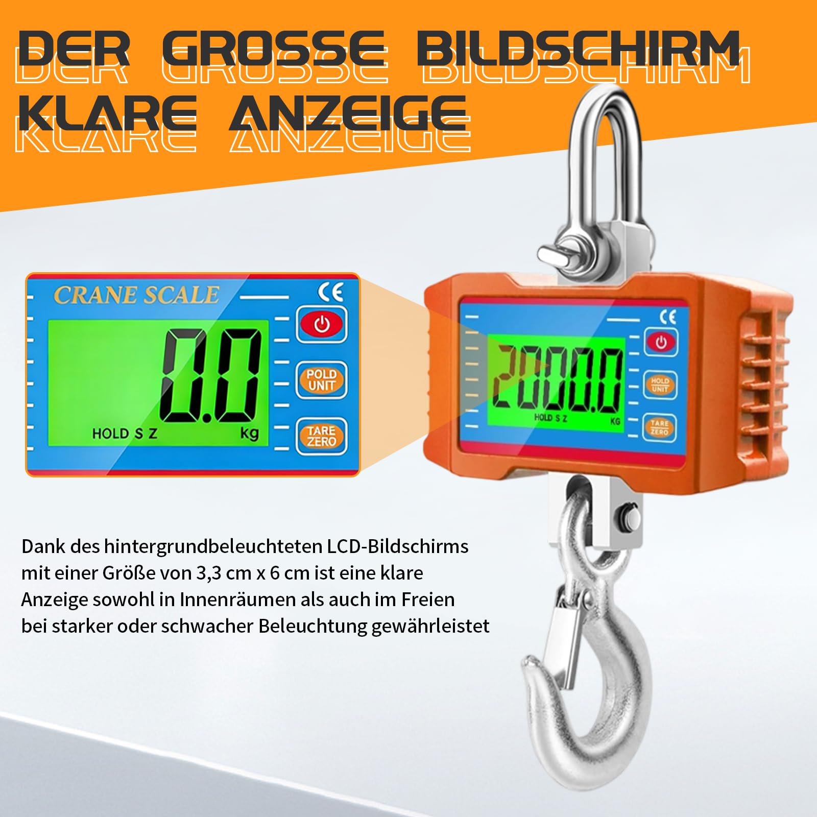 Kranwaage 2000kg/4000lbs, Digitale Hängewaage, Crane Scale Digital, Digitale Schwere Industrie Hängende Waage, Elektronische Zugwaage mit Sensor und LCD-Anzeige für Bauernhof(Ohne Batterie)