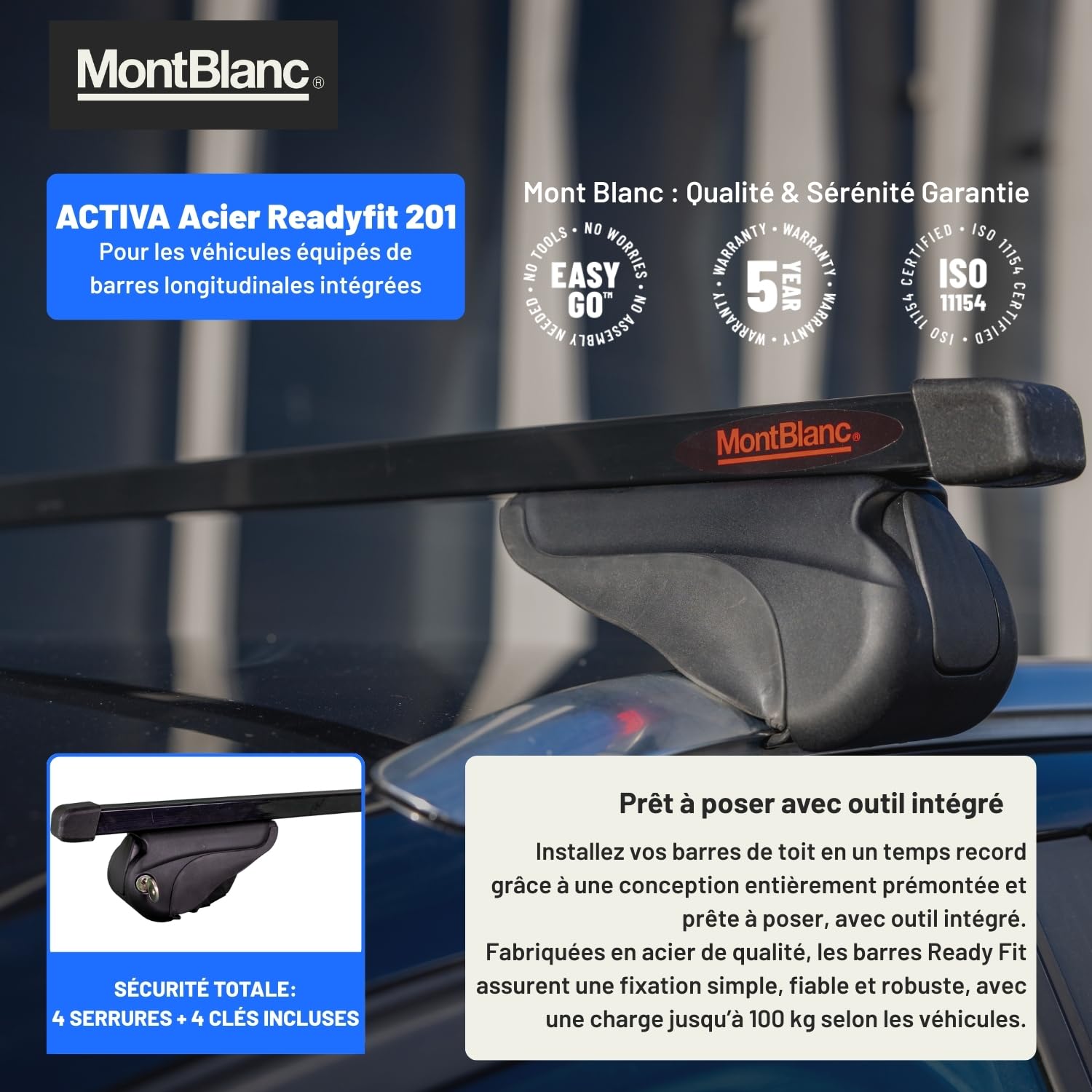 Mont Blanc Barres de Toit Acier ReadyFit 201 - pour 3008 (2016) | Pack de 2 barres de toit gamme ACTIVA pour rails intégrés. Prêtes à poser, charge 100 kg, 4 serrures à clés, garantie 5 ans.