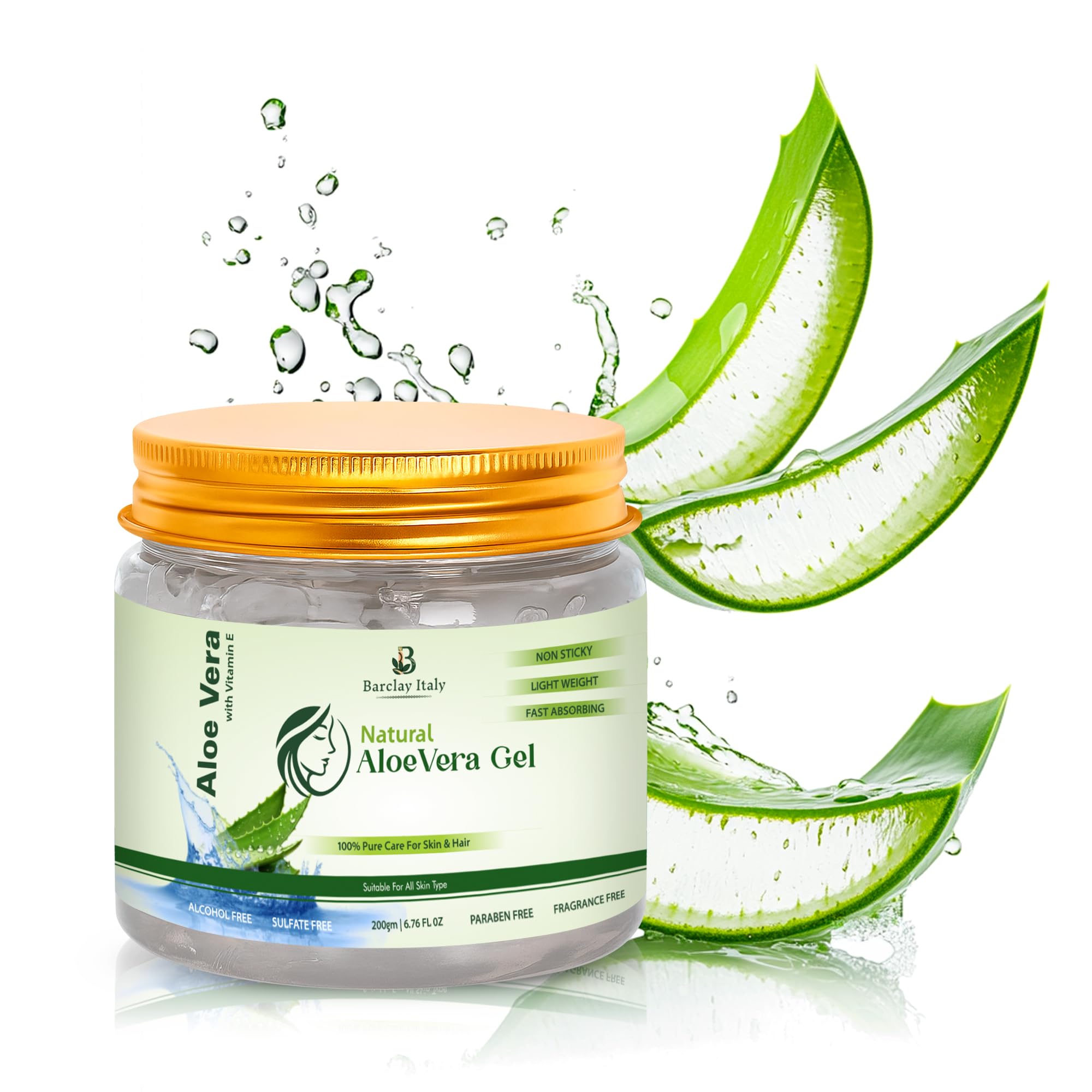 Barclay Italy Pure Aloe Vera Gel 200ml for Face, Skin, Hair & Scalp | Hydrating & Soothing Non-Sticky Moisturizer | Helps Soothe Dry, Sensitive & Acne-Prone Skin | No Artificial Fragrance or Colour