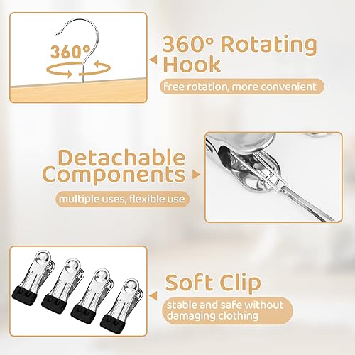 Miniatura 4 de Paquete de 2 ganchos organizadores de sombreros, organizador de leggings para armario, 20 clips de madera giratoria de 360 para calcetines, máscara