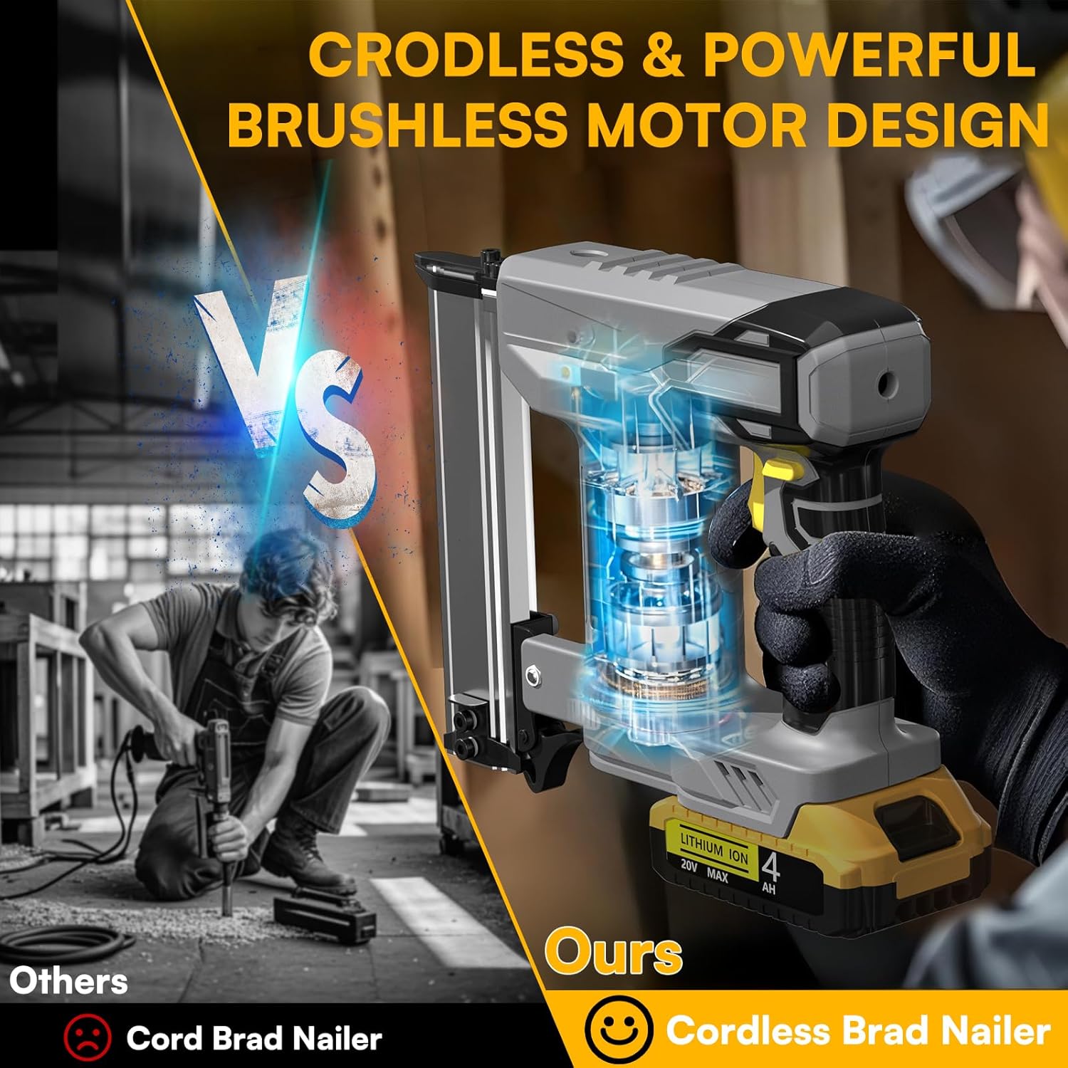 18 Gauge Cordless Brad Nailer for Dewalt 20V Battery（No Battery), Nail Gun Battery Powered, Brushless Electric Nail Gun with 1000pcs Nails, 3/8 to 1-1/4 Inch, Lightweight for Home DIY Woodworking