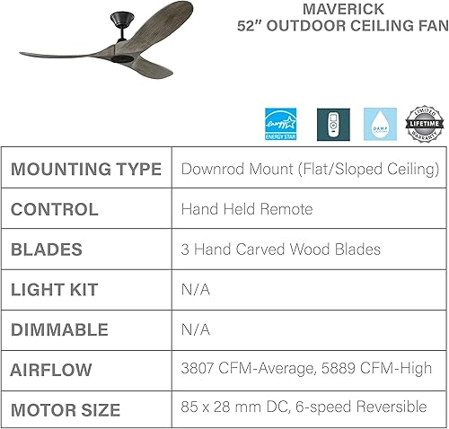 Miniatura 5 de Monte Carlo 3MAVR52AGP Maverick II Energy Star Ventilador de techo para exteriores de 52 pulgadas con control remoto, 3 cuchillas de madera de