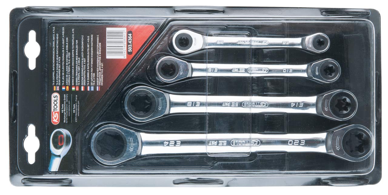 KS Tools 503.4364 Juego de llaves de estrella dobles de carraca Torx-E GEARplus, 4 pzs