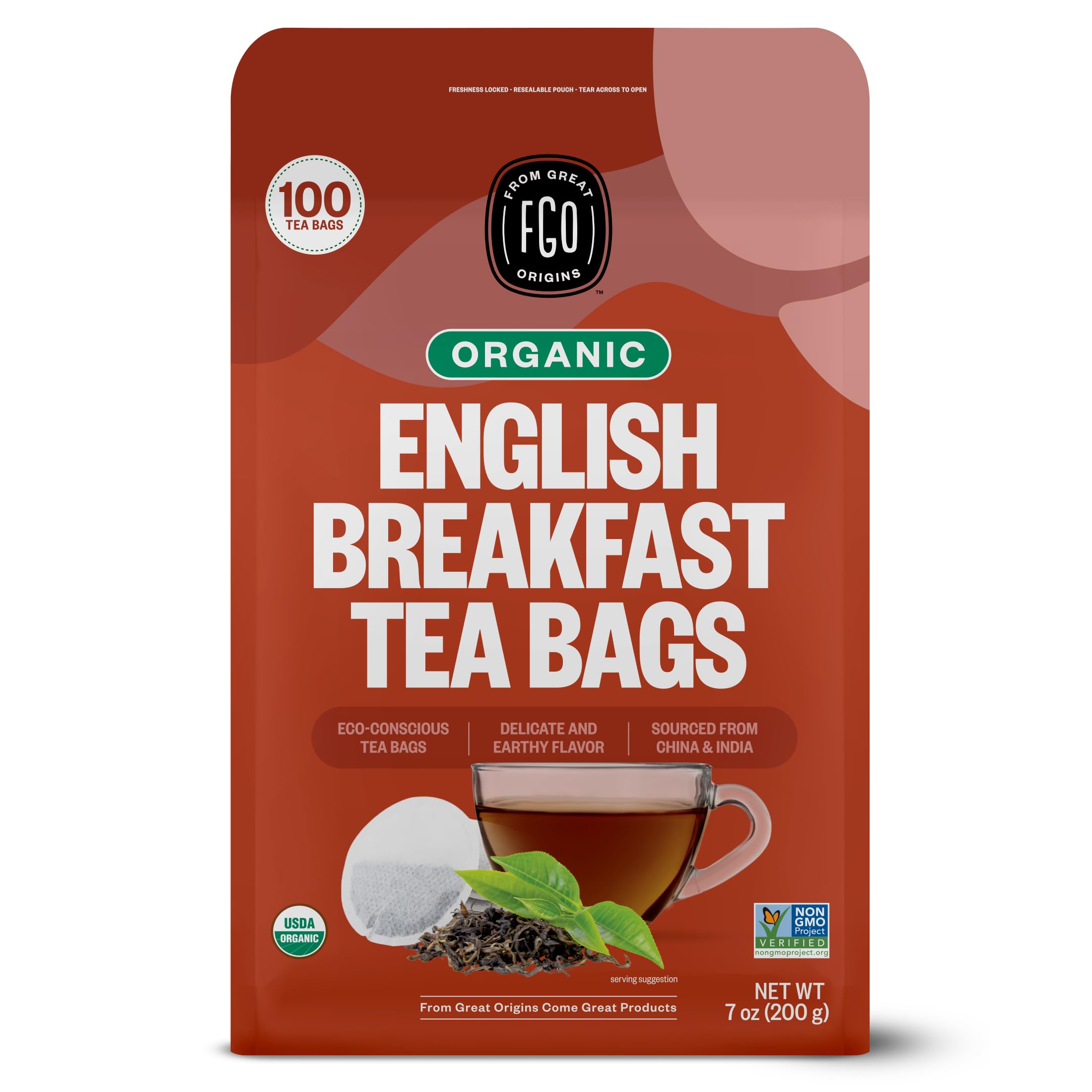 FGO Organic English Breakfast Black Tea, 100 Count, Eco-Conscious Tea Bags, Resealable Bag, Packaging May Vary (Pack of 1)