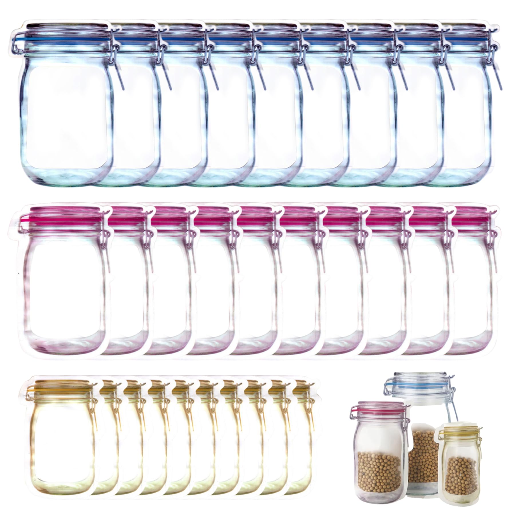 Hintyne Mason Jar Bags for Spices 30PCS Mason Jar Bags, 150ml/500ml/1000ml Reusable Food Storage, Leak-Proof for Home, Travel, Camping