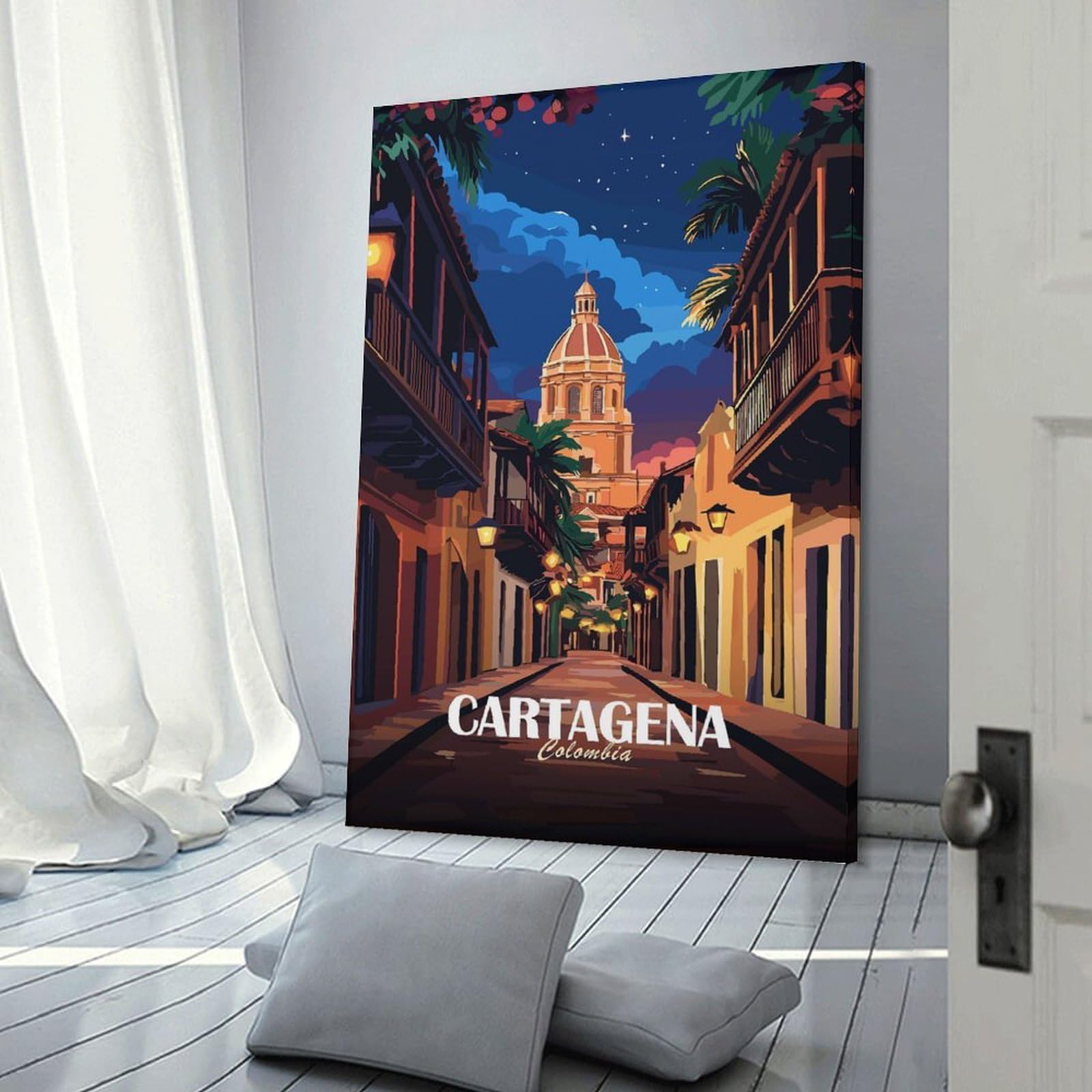 Junmoney Cartagena, Colombia Street at Night Home Decor Wall Art, 20x30inch(50x75cm), for Home, Office, Studio Or Guest Room, An Adaptable Decor Piece for Home Use