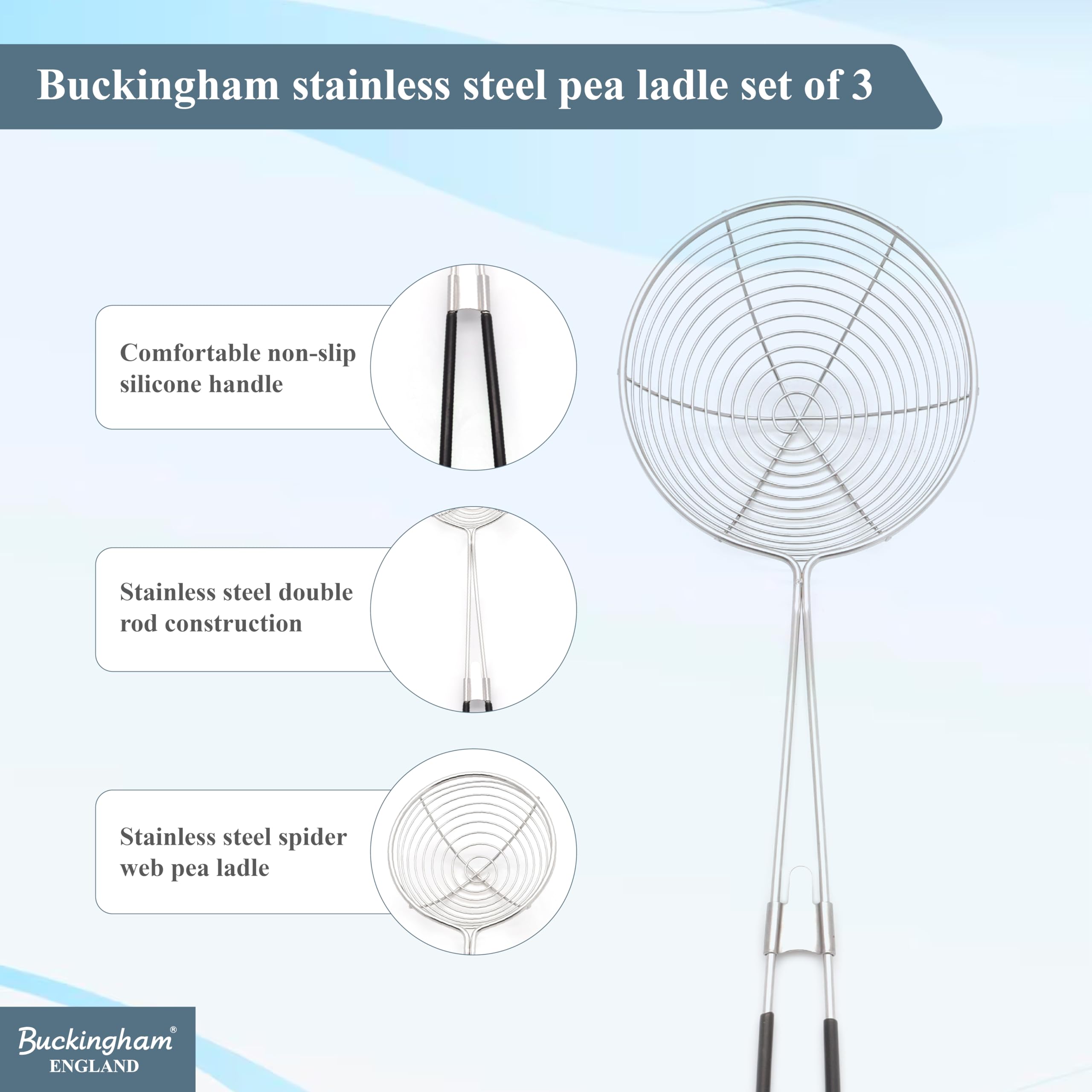 Buckingham Erbsenkelle aus Edelstahl mit hitzebeständigen Silikongriffen, 3er-Set (6,5 cm, 8 cm, 10 cm)