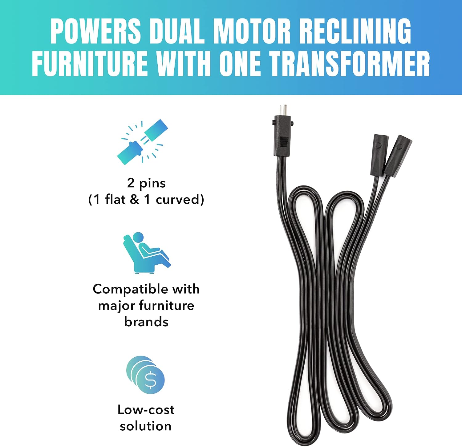 2-Pin Male-to-Male Y-Splitter Cable for Reclining Furniture - Solid Black - Dual-Lead Cable for Power Recliner Transformer Supply