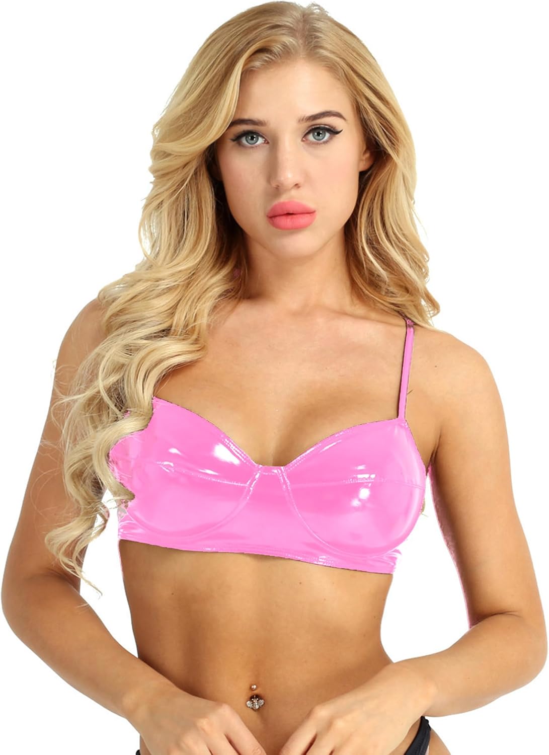 inlzdz Women Nightclub Wear Chic Sleek Lingerie Tankini Satin Front Shiny Fabric Plunge Bra for Belly Dancing