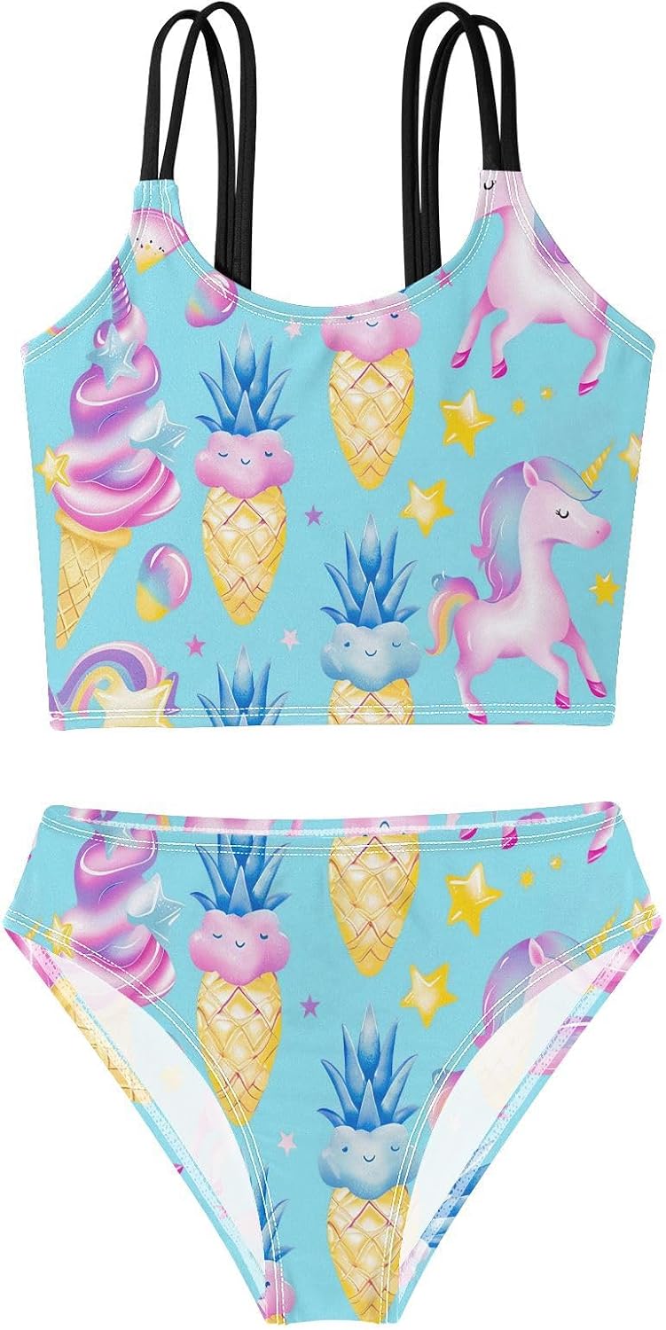 visesunny Girls Two Piece Swimsuits Blue Unicorn Icecream Girl's Bikini Sets Bathing Suits for Girls Size 5-12Y