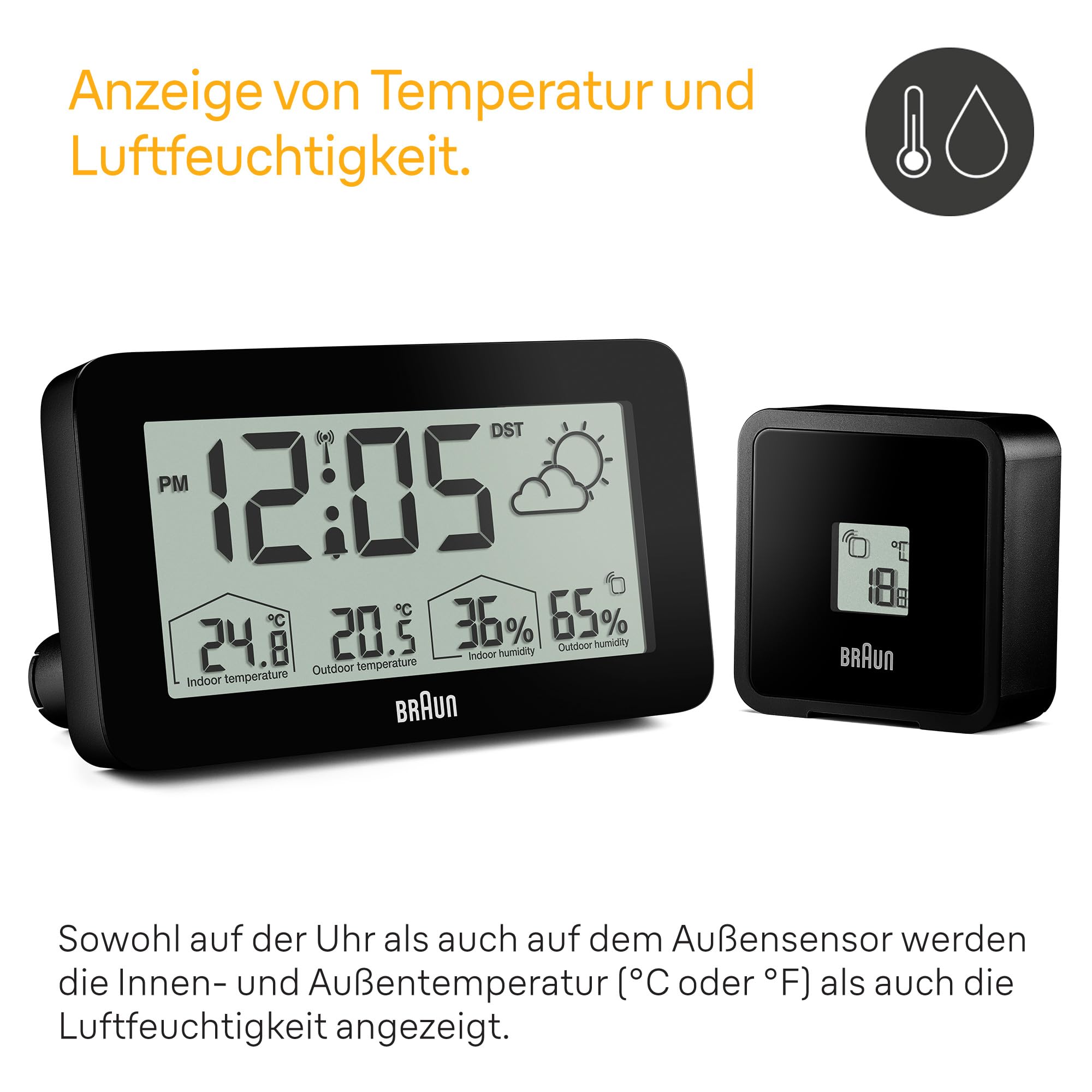 Braun Digitale Wetterstationsfunkuhr für die mitteleuropäische Zeitzone (DCF) mit Anzeige von Innen- und Außentemperatur, Luftfeuchtigkeit, Vorhersage, Alarm-Piepton in schwarz, Modell BC13BP-DCF.
