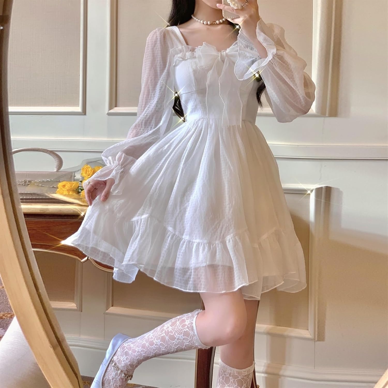 Lolita Dress White Kawaii Dress Women Chiffon Lolita Long Sleeve Mini Dresses Bow Fairy Robe Ruffles