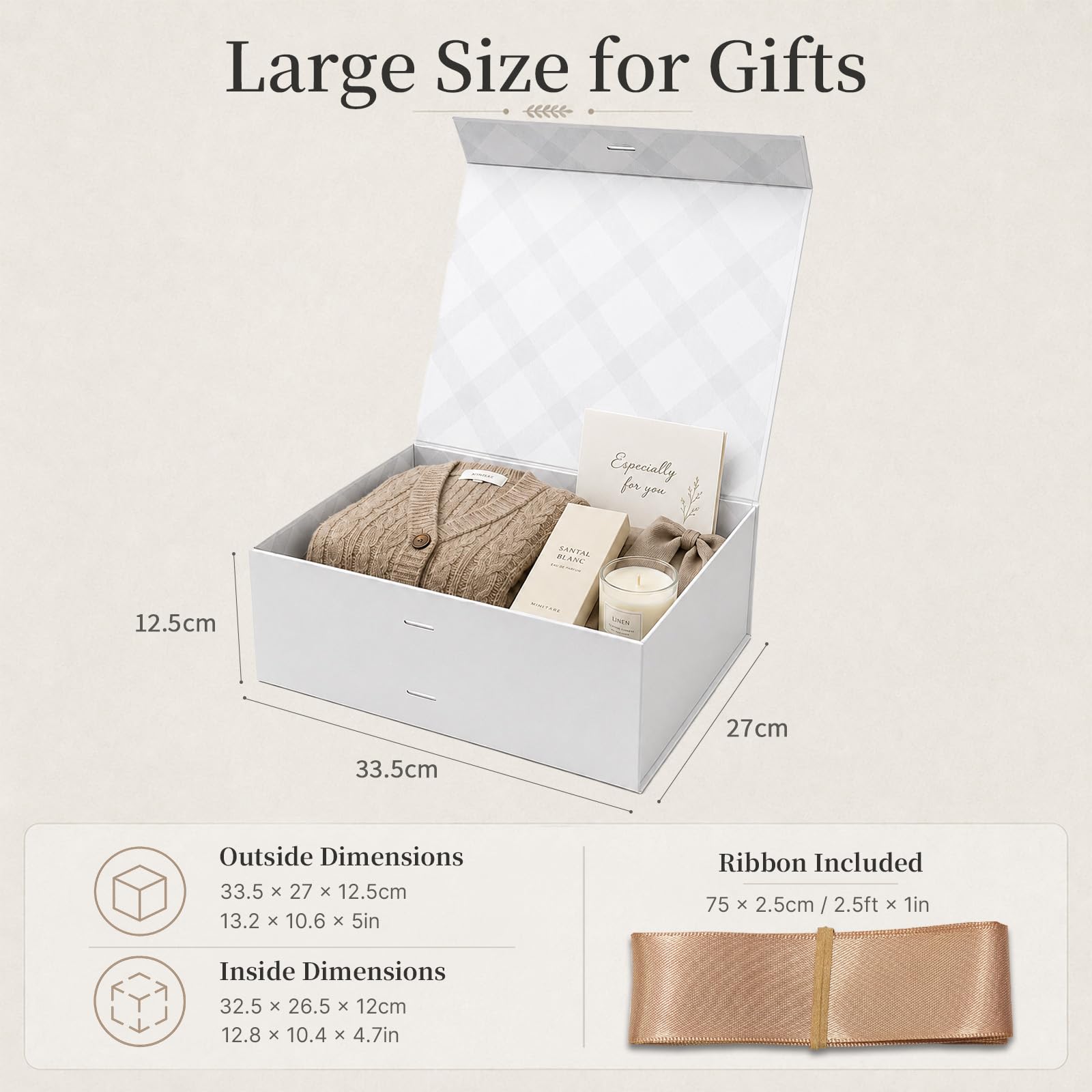 Tekhoho Scatola Regalo Bianco Grande 33.5x27x12.5 cm, Scatola Regalo Premium con Coperchio Magnetico e Nastro per Confezioni Regalo di Matrimonio e Compleanno, Fodera Plaid