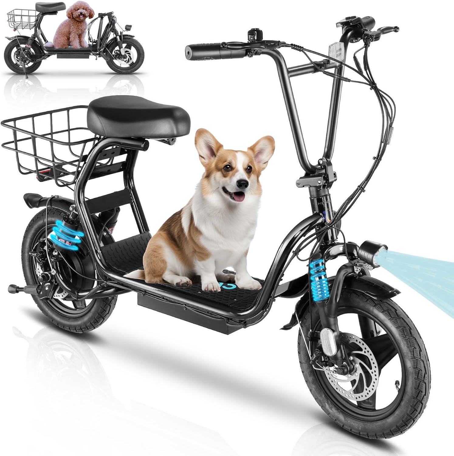 Caroma Peak 500W/800W/1200W Electric Scooter with Seat, Max 15/20/30Miles&20MPH, 14"/20" Tires Foldable Adult Electric Scooter with Basket for Pets & Cargo, Dual Shock Absorbing Ebike for Commuting product image