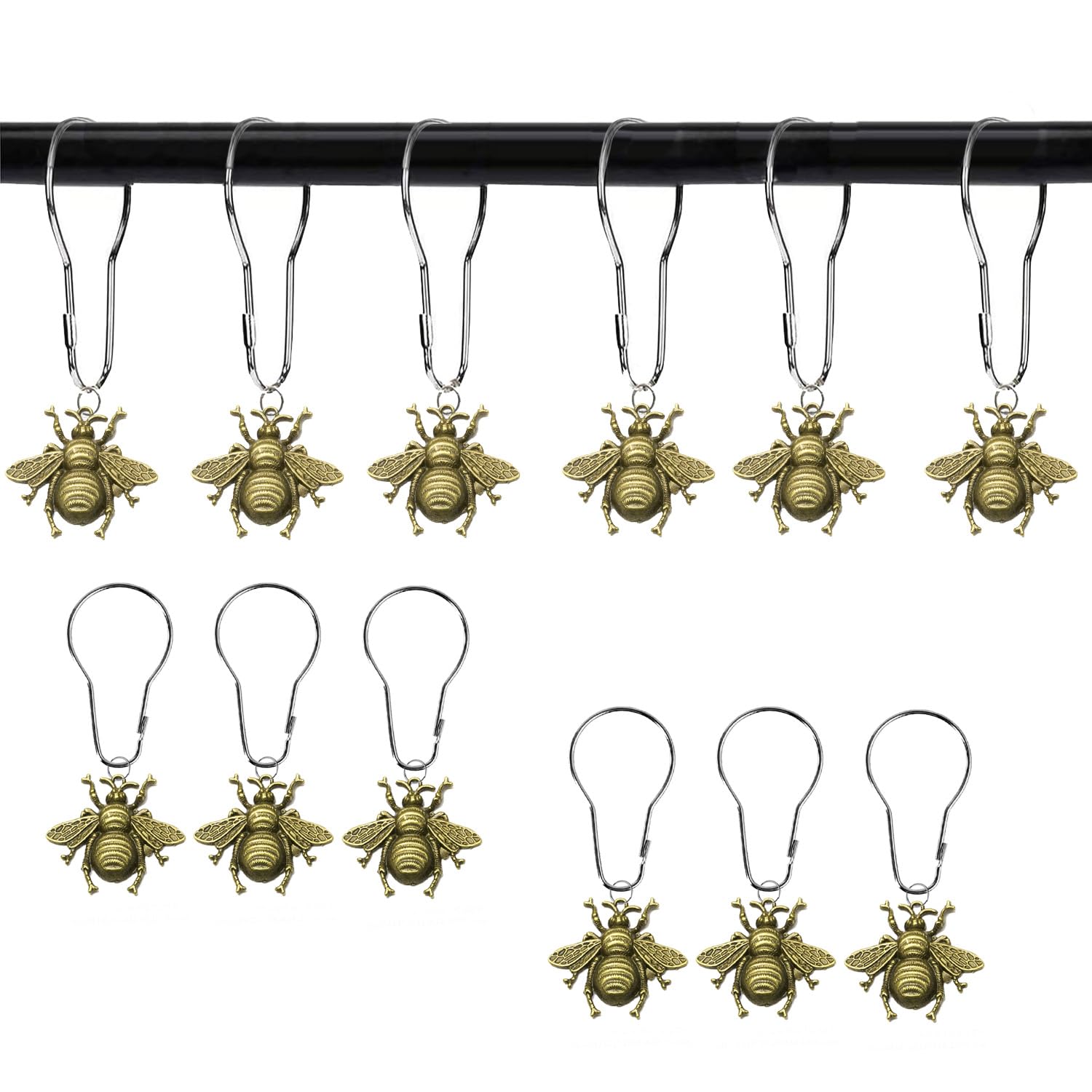 YRMLYMOP Bee Shower Curtain,12pcs Bee Shower Curtain Hooks Bee Bathroom Decor Shower Curtain Hooks Cute Bee Bathroom Set Garden Insect Flowers Spring Theme Bathroom Decor (Bronze)