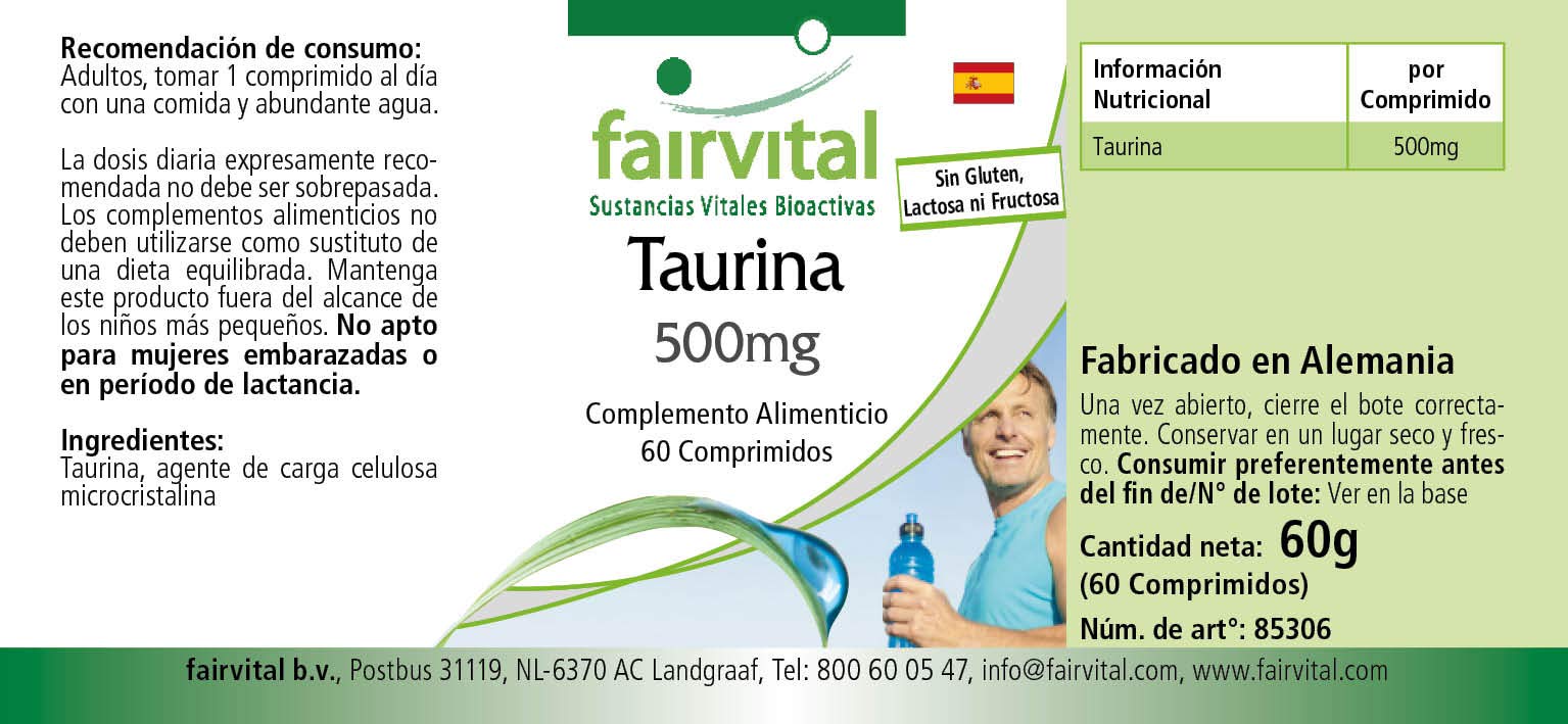 fairvital Taurina 500 mg, 60 compresse, ad alto dosaggio con 500 mg per compressa, VEGANO