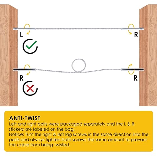 Miniatura 5 de Eyourlife Paquete de 60 herrajes para barandillas de cable, tornillos plateados de 18 pulgadas, rosca para zurdos y diestros para postes de madera,