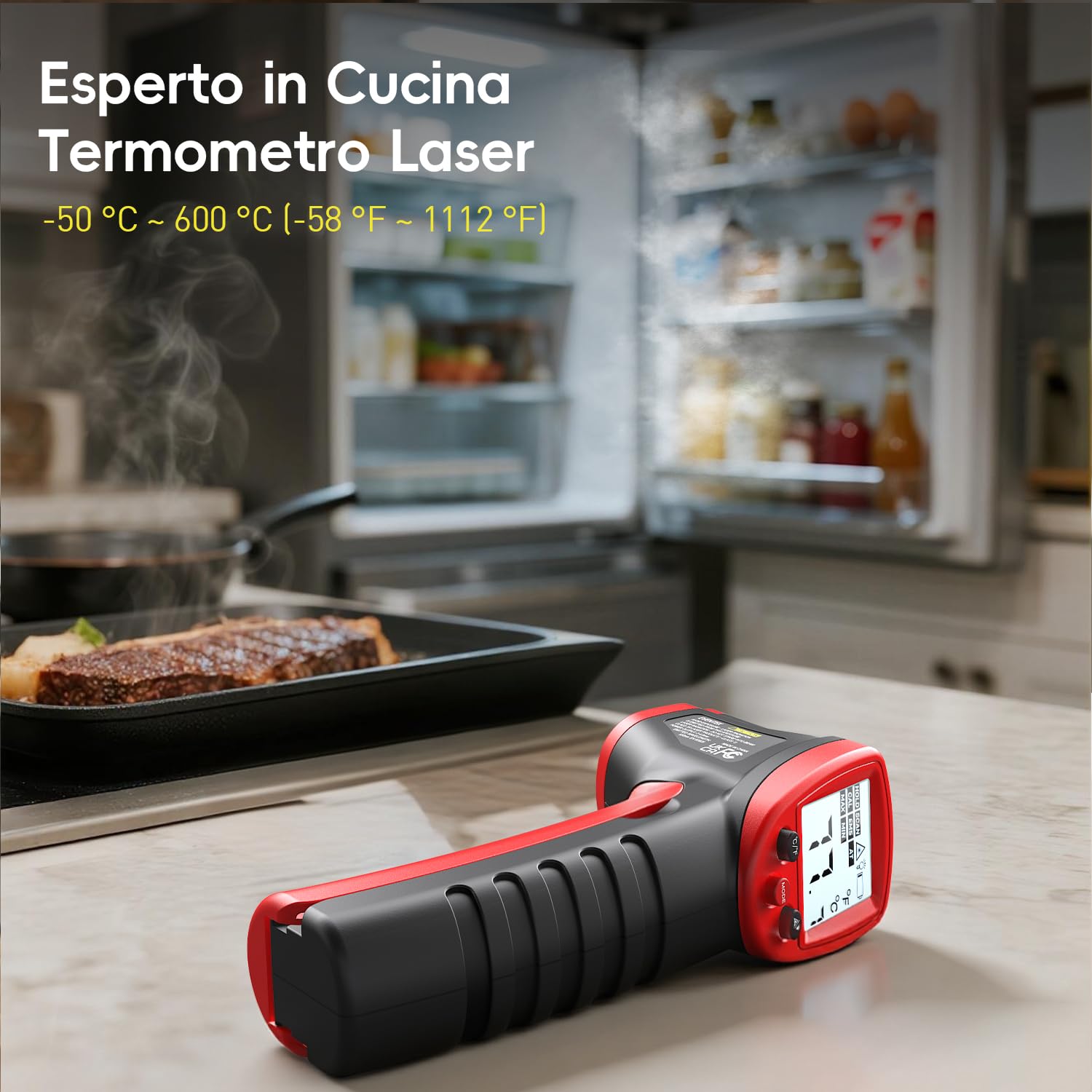 Eventek Termometro Cucina, -50 °C~600 °C (-58 °F~1112 °F) Termometro Infrarossi sonda per 304 Carne, Termometro Laser Senza Contatto Emissività Regolabile 0.1-1.0, Termometro per Cucina, Forno Pizza