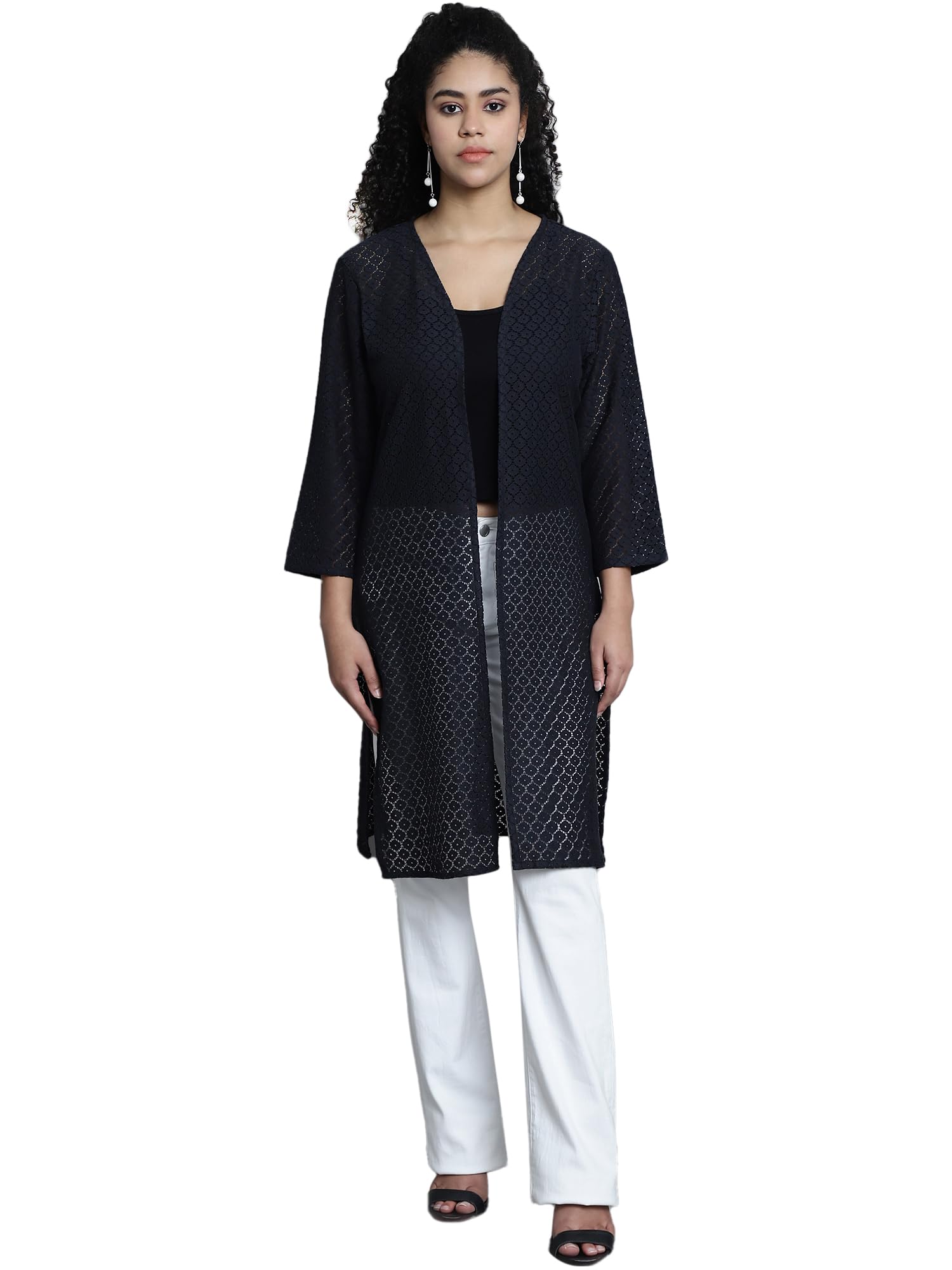 fineme Women Front Open Self Designed 3/4th Sleeves Long Shrug L Charcoal Grey-picture-51